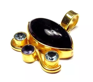 Ausgefallener 18k Gold über 925 Sterling Silber Amethyst Blautopas & Iolith Anhänger F21 - Bild 1 von 1