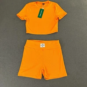 Womens Athletic Outfit Set M Cropped Top Shorts Matching Neon Orange Y2K NEW NWT - Picture 1 of 16