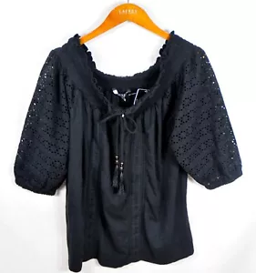 Lauren Ralph Lauren Women's Blouse L Peasant Tie Neck Lace Black Top Blouse NWT - Picture 1 of 11
