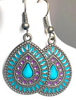 Boho Bohemian Ethnic Turquoise Purple Enamel Bead Teardrop 1.5" Dangle Earrings