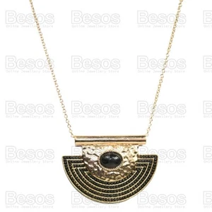 LARGE AZTEC HALF MOON pendant NECKLACE long chain TRIBAL hammered GOLD FASHION - Picture 1 of 10