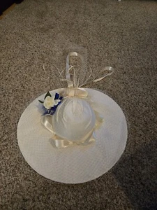Womens Sun White Organza Hat Wide Brim Wedding Church Racing Beach - Picture 1 of 7