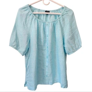 TALBOTS Women's Med 100% Linen Lt Blue Popover Blouse (Faux Button Front) NWOT - Picture 1 of 11