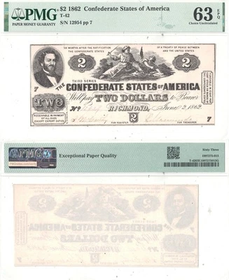 1862 $2 Confederate Note T-42 PMG Choice CU-63 EPQ - Image 1 of 3
