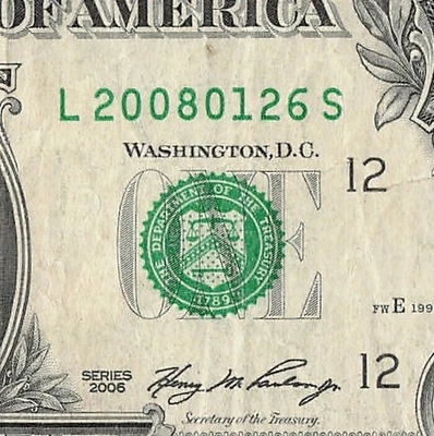 JAN 26 2008 Birthday Fancy Serial Number Date Note One Dollar Bill 01 26 2008 - Image 1 of 4