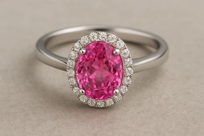 Lab Pink Sapphire Halo Ring 925 Sterling Silver 9X7 mm 2 ct Gem Made To Order - Image 1 of 4