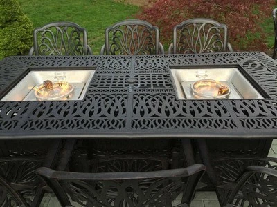 Fire pit dining table Cast Aluminum Propane Double Burner 9 Piece Outdoor Set - Image 1 of 4