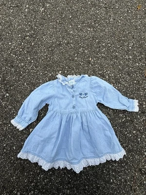 Vintage Baby B’gosh Blue Denim Dress Eyelet Lace Trim 18M Made USA Cottagecore - Image 1 of 4