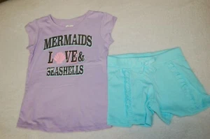 Girls PURPLE S/S T-SHIRT Mermaids Love & Seashells AQUA SHORTS Ruffles SIZE 5 - Picture 1 of 1