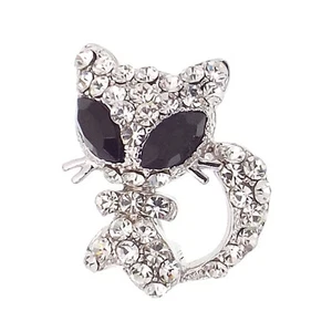 Kitty Kitten Cat Big Eyes Pin Brooch Rhinestone Black Clear 18k W GP Jewelry New - Picture 1 of 3