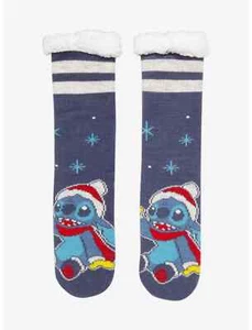 DISNEY Lilo & Stitch Christmas Winter Stitch Blue Snow Cozy Slipper Crew Socks - Picture 1 of 2