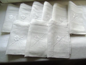 French  9 of white cotton  linens napkins monogramed flower  vintage - Picture 1 of 6