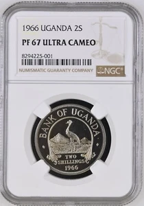 1966 Uganda 2S Shillings Proof Crowned Crane Bird Copper-Nickel NGC PF 67 UC - Picture 1 of 6