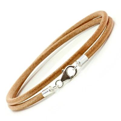 Pulsera de cuero de doble envoltura bronceado natural - 3 mm con cierre de plata de ley Foto 1 de 4