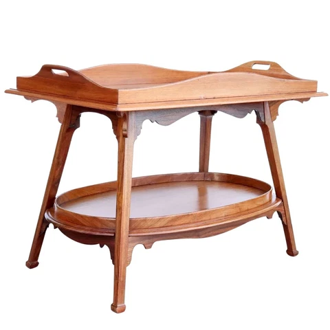 Antique Belgian Art Nouveau Lacquered Mixed Woods 2-Tier Tray Bar Table Cover