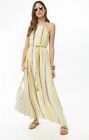 Forever 21 Cream Multi Pleated Multicolor Striped Maxi Dress with Belt Size XS