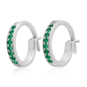 18k White Gold Pave Emerald Earrings Huggies Earrings Fine Jewelry - Picture 1 of 5