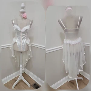 Vintage 80er weiß Wetlook Satin transparent Chiffo Rüschen Spitze Rock Teddy Dessous - Bild 1 von 12