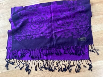 Pashmina Cachemira Seda Bufanda Florencia Italia Floral Chal Envoltura Púrpura/Negro 28x72 Foto 1 de 4