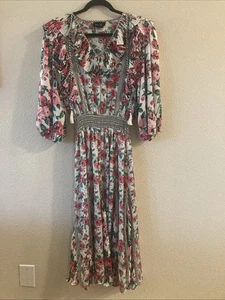 Vintage 80's Diane Freis Original Floral Georgette Dress Medium Green And Pink - Picture 1 of 16