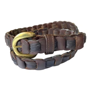 Cintura Vintage Segmento Tessuto Pelle Marrone Fibbia Ottone Regolabile Bicolore S - Foto 1 di 10