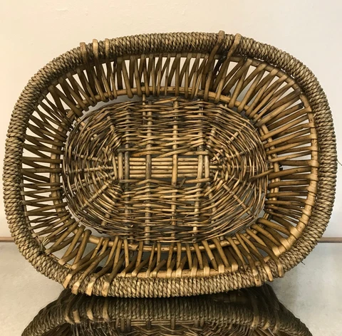 Large Bamboo Wicker Basket Vtg With Braided Wood trim Serving Bread Fruit 17.5" Cover