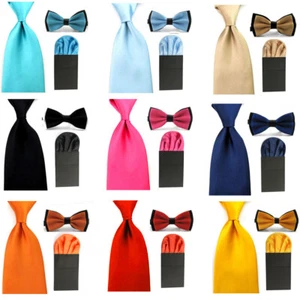 Men Satin Solid 8cm Ties Bowties Pre-Folded Puff Pocket Square Set BWT058 - Picture 1 of 14