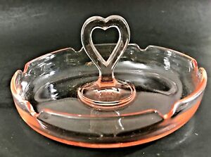 VINTAGE PINK DEPRESSION GLASS CANDY BON BON DISH WITH HEART SHAPED HANDLE