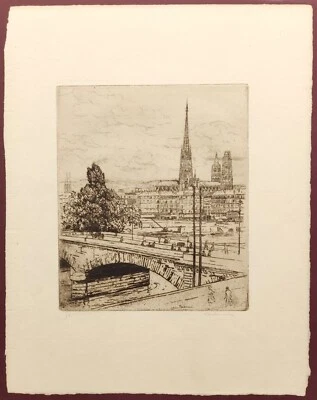 GRABADO ANTIGUO ORIGINAL FIRMADO JÓZEF PANKIEWICZ "LE PONT CORNEILLE, ROUEN" 1904 Foto 1 de 4