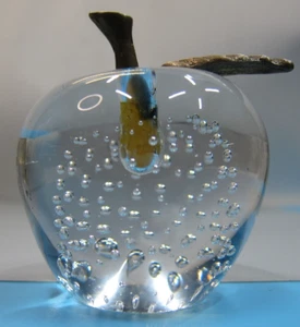 Vintage Glass Apple Paperweight Clear/Bubbles Metal Stem Art Glass 3" tall - Picture 1 of 4