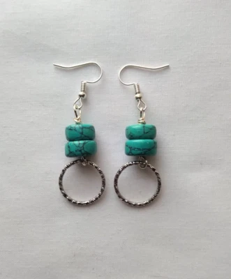 Turquoise Dyed Howlite Stone Bead Dangle Hoop Earrings Handmade Silver Tone Hook - Image 1 of 4