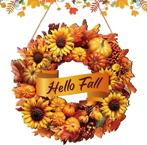 Hello Fall Rustic Wooden Wreath Autumn Wreath for Front Door Welcome Sunflower a - Picture 1 of 12