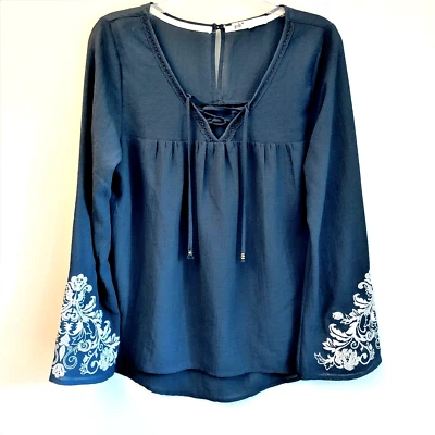 Jolt Boho Deep Blue Lace Up V-neck Bell Sleeve Filigree Embroidered Blouse - M - Image 1 of 4
