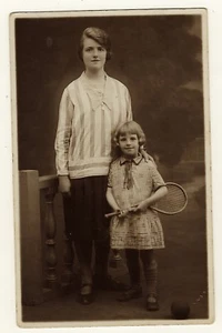 TENNIS ANYONE? PORTRAIT OF A MOTHER AND DAUGHTER  (REAL PHOTO POSTCARD) - Picture 1 of 2