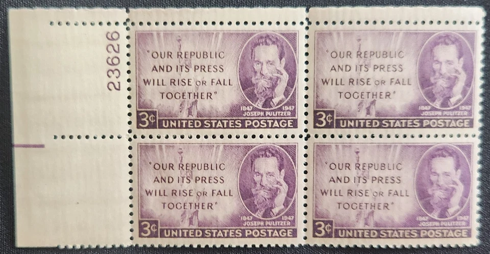 US Scott 946 - Joseph Pilitzer - MNH - 1947 Issue - Plate Block of 4 - Image 1 of 1