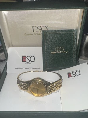 NOS ESQ Swiss By Movado 男女通用金色石英日期手表 07300323 盒/纸 — 第 1/4 张图片