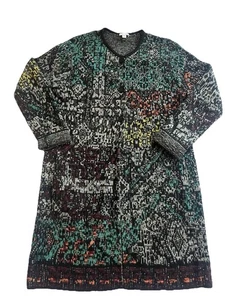 J JILL  Black Jacquard Multicolor Print Cardigan Button Sweater Coat Small Cozy - Picture 1 of 6