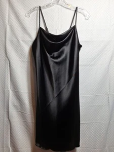 Vtg BEBE Satin Slip Dress Sz M Black Drape Neckline Grunge 90s Y2K Goth Vamp EUC - Picture 1 of 6