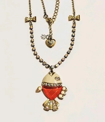 Betsey Johnson Aurora Borealis Crystal Necklace Lucite Enamel Goldfish Pendant - Image 1 of 4