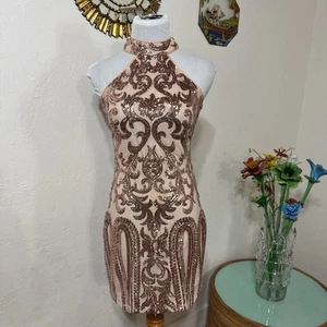 Heiß Miami Styles Mini Gold Pailletten über Knie Bodycon Reißverschluss Neckholder Kleid M - Bild 1 von 20