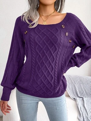 winter casual square neck button Fried Dough Twists knitting pullover sweater - Image 1 of 4