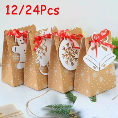 4-24X Christmas Gift Boxes Xmas Party Favor Bags Kraft Paper Candy Box with Tag - Image 1 of 4