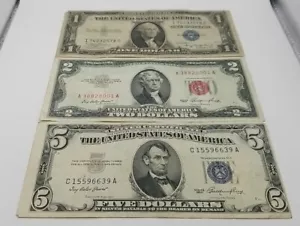 3 Note Lot $1 (1935A Silver Cert) $2 (1953 Red Seal) $5 (1953 Silver Cert) #800 - Picture 1 of 20