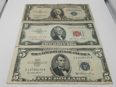 3 Note Lot $1 (1935A Silver Cert) $2 (1953 Red Seal) $5 (1953 Silver Cert) #800 - Image 1 of 4