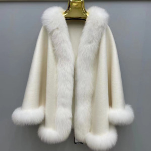 Real Women 100% Fox Fur Trim Shawl Cashmere Ponchos Cape Cardigan Coat Warm Tops