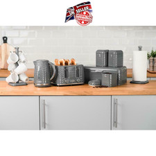 Kettle 4 Slice Toaster Bread Bin Canisters x 3 Roll Holder & Mug Tree Set GREY