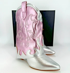Azalea Wang Women's Bria Foldover Cowboy Boots Pink Silver sz 7 NIB Western - Picture 1 of 14