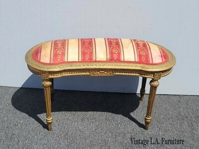 Vintage French Provincial Louis XVI Red & Gold Ornate Stripped Bench  Asis  - Image 1 of 4