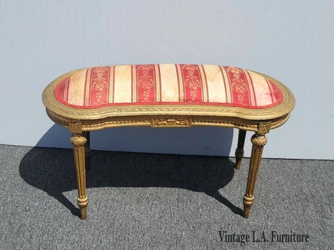 Vintage French Provincial Louis XVI Red & Gold Ornate Stripped Bench  Asis Cover