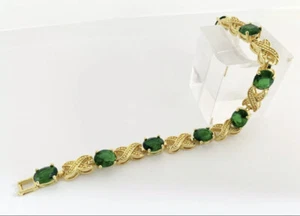 Yellow Gold Finish Green Emerald oval Love And Kisses Tennis bracelet Gift Idea - Picture 1 of 4